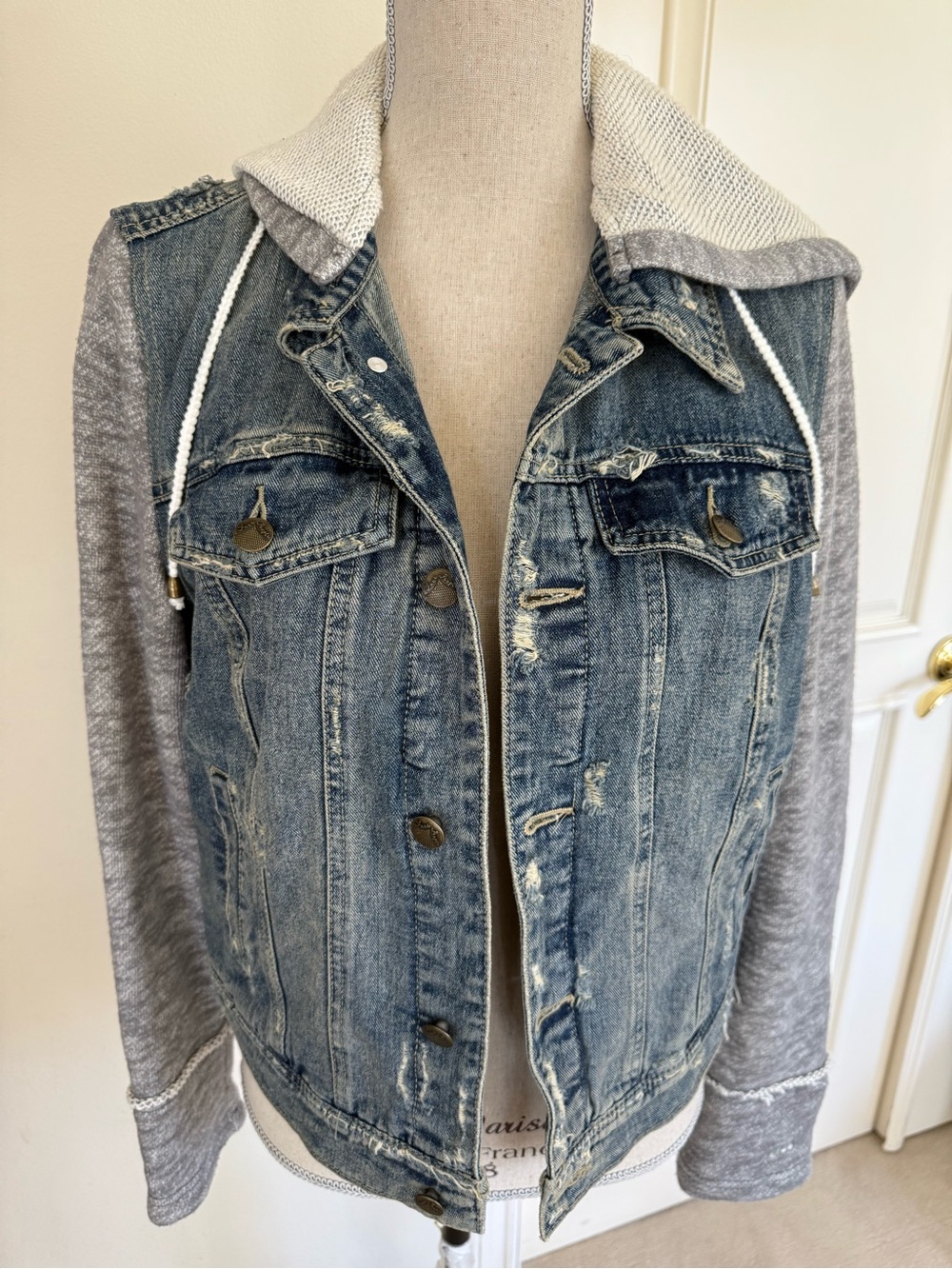 Free People Blue Denim Jean Jacket with Gray Knit Sleeves